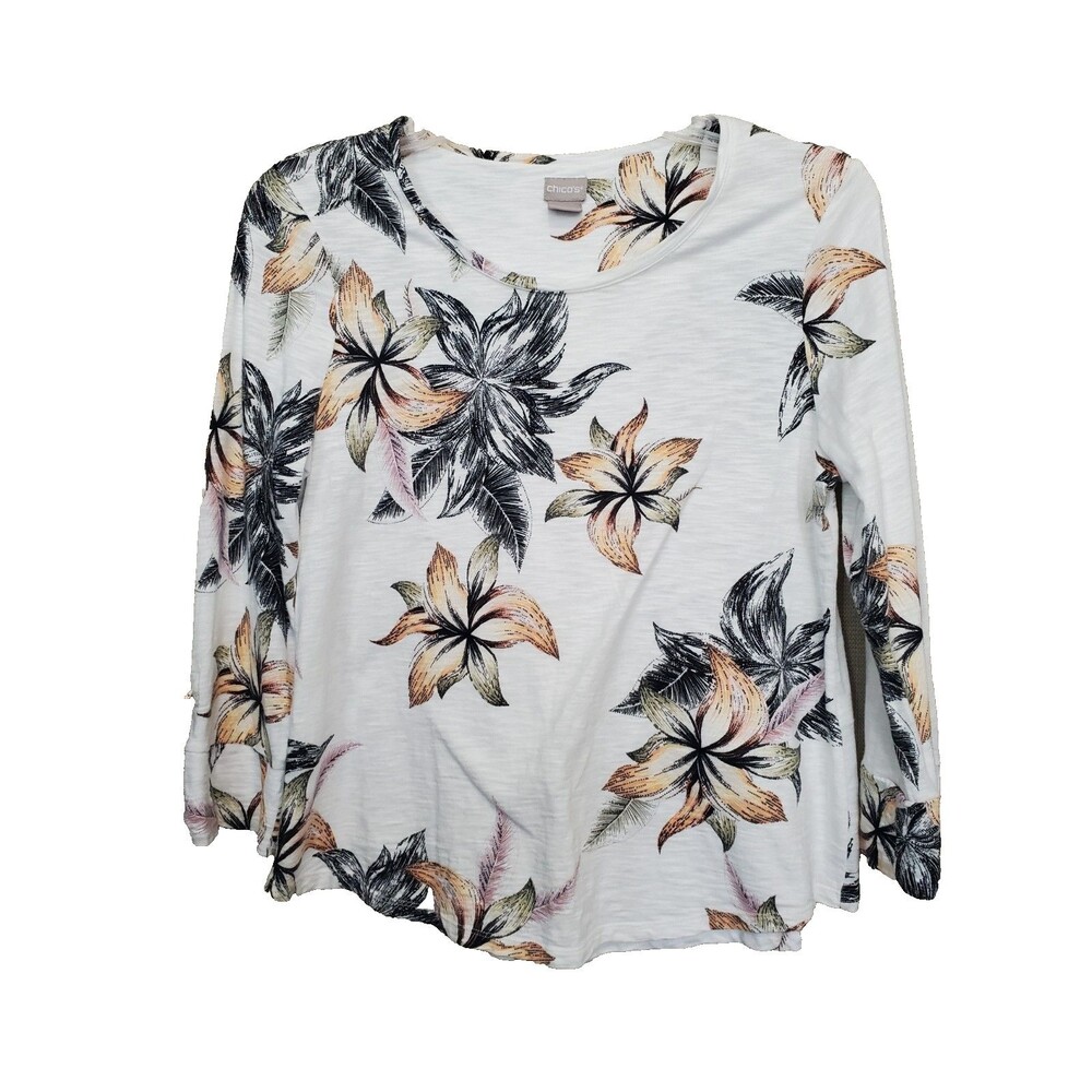 Chico's Cotton Blend Slub Knit Floral Utility Sleeve T-Shirt Size 1 Medium